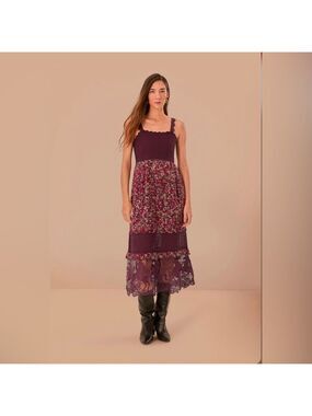 Farm Rio Purple Chelsea Garden Embroidered Lace Midi Dress